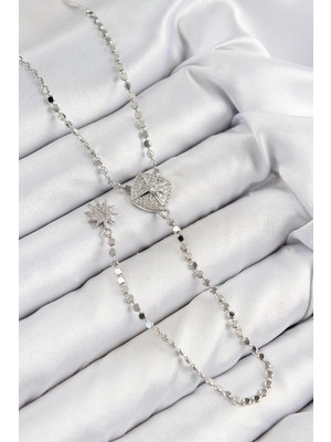 Epilons Mey Ithalat® Pirinç Zirkon Taşlı Ezme Zincirli Madalyon Model Gümüş Renk Y Kolye