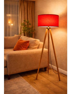 Allians Modern 3 Ayaklı Ahşap Tripod Lambader, Kırmızı Abajur ve Kumaş Başlık