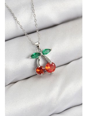 Epilons Mey Ithalat® Pirinç Zirkon Taşlı Kiraz Model Gümüş Renk Kadın Kolye