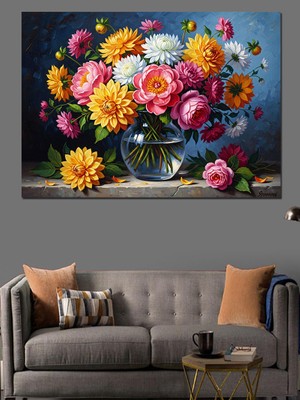 Karizma Tablo Vazoda Rengarenk Bahar Çiçekleri Buketi Dekoratif Kanvas - Mdf Ahşap Tablo