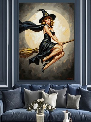 Karizma Tablo Süpürgeli Modern Cadı Figürü Dekoratif Kanvas - Mdf Ahşap Tablo