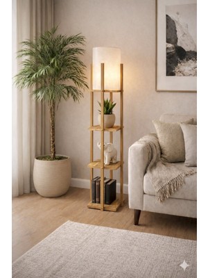 Allians Ahşap Raflı Kumaş Abajurlu Lambader, Açık Kahverengi, 135 cm