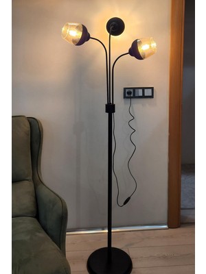 Allians Modern Siyah Metal Ayaklı 3'lü Zambak Tasarımlı Oturma Odası Lambader