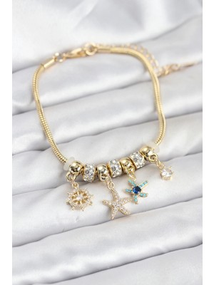 Epilons Mey Ithalat® Pirinç Gold Renk Deniz Tema Charmlı Kadın Bileklik