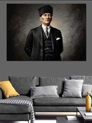 Karizma Tablo Siyah Beyaz Portre Atatürk Tablosu Dekoratif Kanvas - Mdf Ahşap Tablo