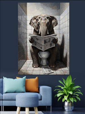 Karizma Tablo Gazete Okuyan Komik Fil Dekoratif Kanvas - Mdf Ahşap Tablo