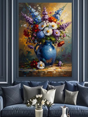 Karizma Tablo Mavi Vazo Içinde Renkli Bahar Çiçekleri Dekoratif Kanvas - Mdf Ahşap Tablo