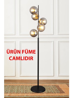Allians Şık Siyah Gold Füme Camlı 5'li Lambader Seti, Modern ve Estetik Aydınlatma
