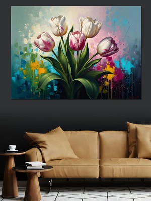 Karizma Tablo Vazoda Renkli Bahar Çiçekleri Buketi Dekoratif Kanvas - Mdf Ahşap Tablo