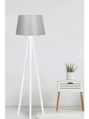Allians Şık Ahşap Tripod Lambader, Konik Kumaş Abajur, Gri ve Beyaz Tasarım