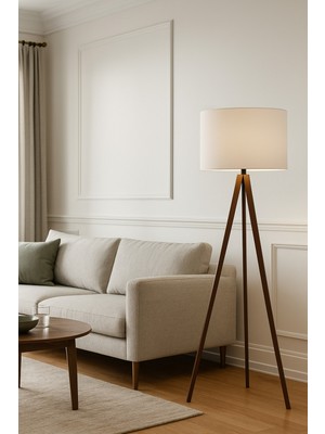 Allians Ahşap Üç Ayaklı Kumaş Başlıklı Modern Lambader, Salon ve Oturma Odası Için