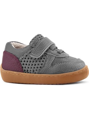 Rakerplus Bob Hakiki Deri Gri Bordo Barefoot Cırtlı Lastikli Bebek Sneaker Ayakkabı