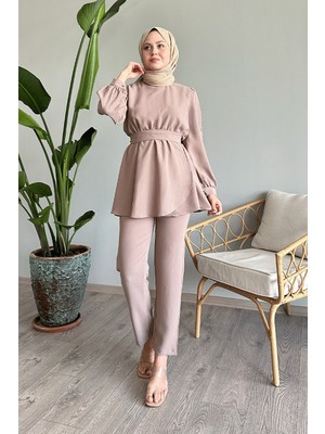 inStyle Kolu Inci Beli Büzgülü Bej Takım