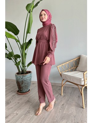 inStyle Kolu Inci Beli Büzgülü Gül Kurusu Takım