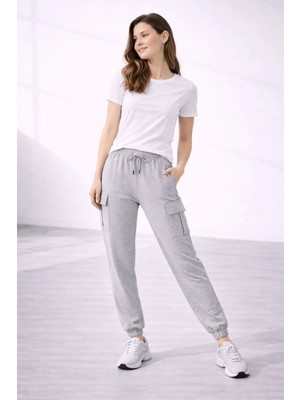 Marsilyan Kadın Jogger Eşofman Altı Rahat Kalıp, Kargo Cepli, Lastikli Paça, Günlük Spor Pantolon - Gri
