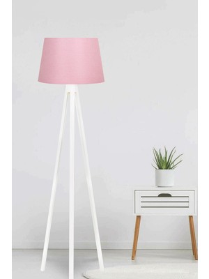 Allians Şık 3 Ayaklı Ahşap Tripod Lambader, Konik Kumaş Tasarımı ve Pembe Detay