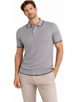 Erkek Düğmeli Yaka Triko Dokuma Tişört Desenli Yazlık Şık Günlük Triko Tişört - Gri