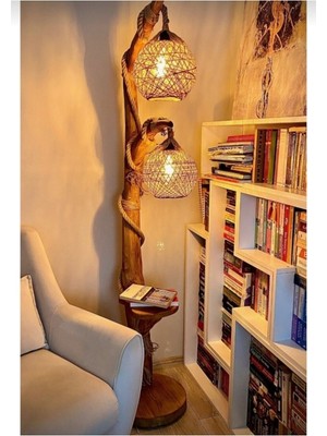 Allians Ahşap Ağaç Sehpalı Çift Başlı Modern Lambader