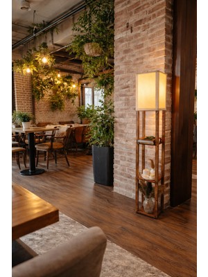 Allians Şık Minimal Ahşap Köşe Lambader, Raflı Dekoratif Aydınlatma