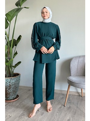 inStyle Kolu Inci Beli Büzgülü Zümrüt Yeşili Takım