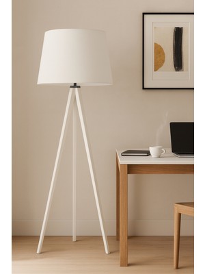 Allians Beyaz Mono Kumaş Ahşap Ayaklı Modern Lambader Işıklı Dekorasyon