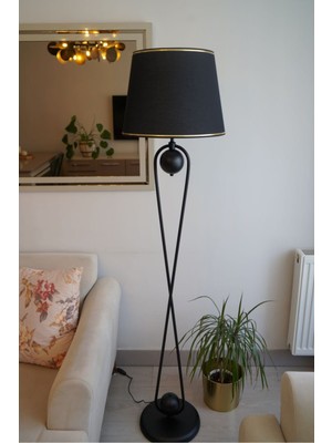 Allians Modern Siyah Gold Detaylı Konik Şapkalı Ayaklı Metal Lambader