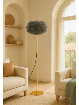 Allians Yumuşak Tüylü Gri Lambader, Şık ve Modern Tasarım, Altın Kaplama Detaylı