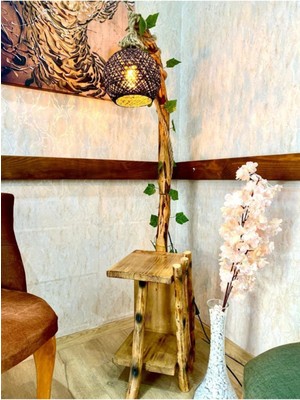 Allians Şık Ağaç Lambader, Kitaplık ve Raflı Tasarım, Siyah, Doğal Ahşap Dokunuş