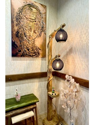 Allians Şık 140 cm Siyah Ahşap Lambader, Doğal ve Modern Tasarım