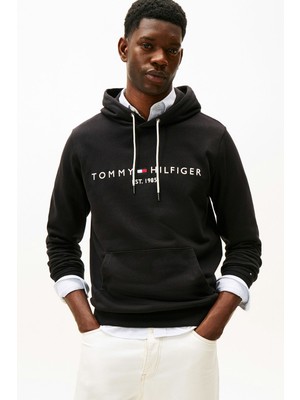 Tommy Hilfiger Erkek Tommy Logo Regular Fit Kapüşonlu Sweatshirt - Siyah