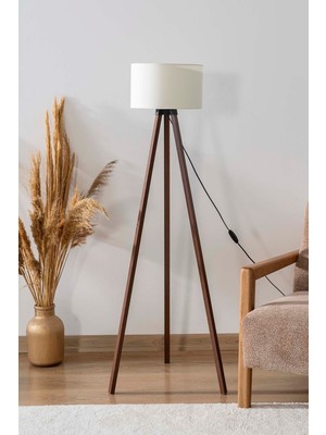 Allians Ekru Dokulu Silindir Başlık Ahşap Üç Ayaklı Lambader