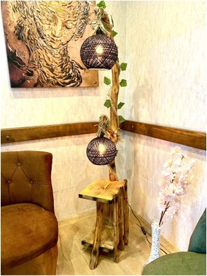 Allians Modern Ağaç Lambader, Kitaplık ve Köşe Aydınlatma, Siyah & Doğal Ahşap