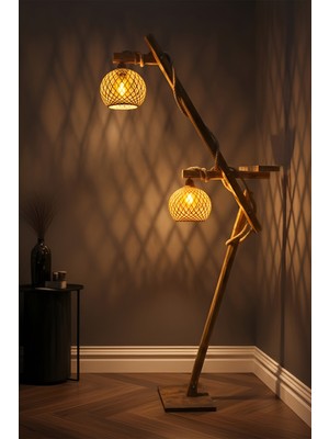 Allians El Yapımı Rustik Ahşap Lambader, Jüt Halatlı Sıcak Işıklı Dekoratif Yer Lambası