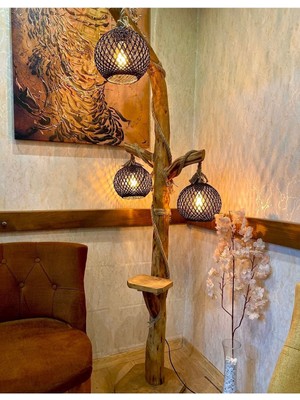 Allians Şık Ağaç Lambader 170-180 Cm, Siyah Başlıklı, Doğal Kütük Ahşap Tasarım