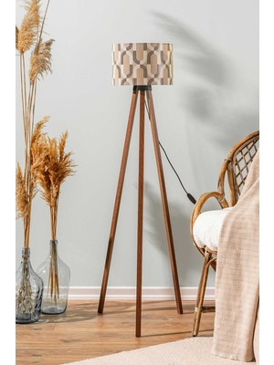 Allians Modern Geometrik Vizon Silindir Lambader, Ahşap Üç Ayaklı Tasarım