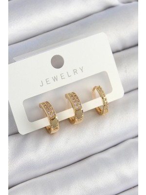 Ne Verelim Size Buğz Pirinç Zirkon Taşlı Halka Model Gold Renk 3'lü Çift Kadın Küpe Set