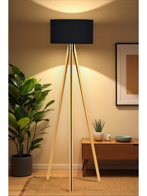 Allians Şık Ahşap Gövdeli Gold Siyah Detaylı Modern Lambader