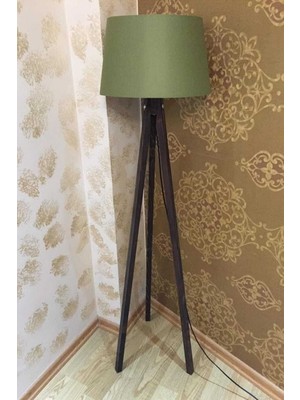 Allians Yeşil Ceviz Konik Lambader, 3 Ayaklı Kumaş Abajur, Şık ve Zarif Tasarım
