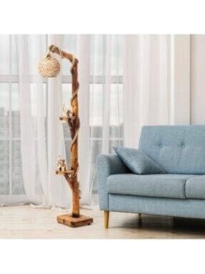 Allians Şık Ahşap Ağaç Lambader 165-170 Cm, Modern Köşe Aydınlatması