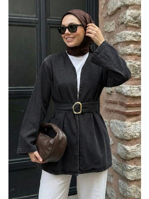 inStyle Geniş Kol Kuşaklı Koyu Antrasit Kot Ceket