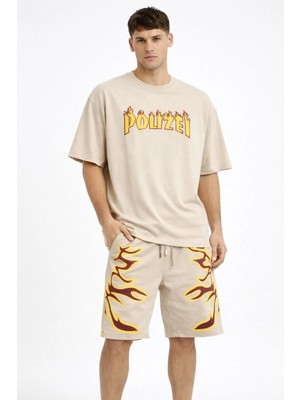 Marsilyan Erkek Bej Oversize Baskılı Tişört Şort Takım Cepli Şort Yazlık Rahat Günlük Kombin - Bej
