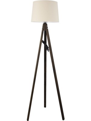 Allians Rustik Ahşap 3 Ayak Tripod Lambader, Krem Konik Şapka Tasarımı