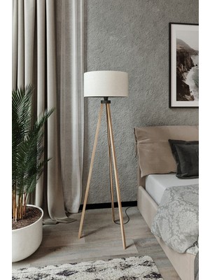 Allians Şık Yuvarlak Bej Kumaş Başlık, Mdf Tripod Kahve Ayak, Modern Tasarım