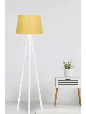 Allians Köşe Tripod Lambader, Kumaş Abajur, 3 Ayaklı, Sarı ve Beyaz Renk