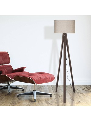 Allians Bej Silindir Lambader, Ahşap Ayak, Kumaş Detay, Modern Dekorasyon