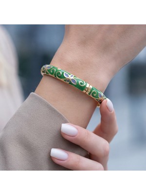 Ferizz Altın Kaplama Yeşil Çiçekli Mineli Kadın Kelepçe BLZ-665