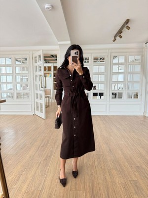 Qimya Butik Levure Kadın Uzun Kollu Kuşaklı Uzun Boy Kot Elbise