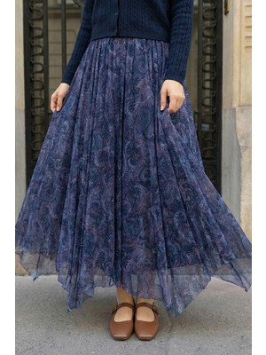 inStyle Otantik Desen Asimetrik Mor Tül Etek