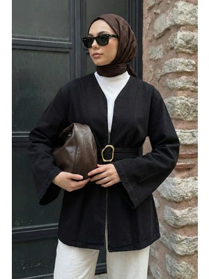 inStyle Geniş Kol Kuşaklı Siyah Kot Ceket