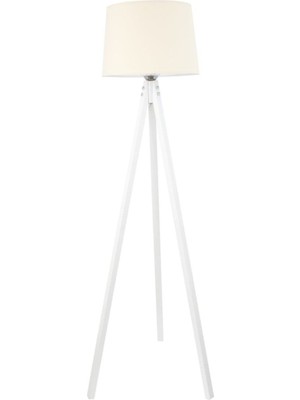 Allians Rustik Ahşap 3 Ayak Beyaz Tripod Lambader, Krem Konik Şapka Tarzı